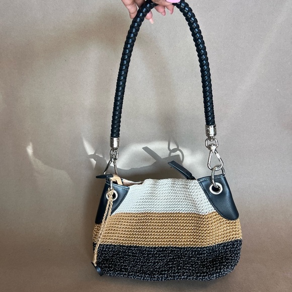 The Sak Black Tan Cream Vertical Stripes Crochet Small Shoulder Bag Zip Closure - Picture 2 of 10
